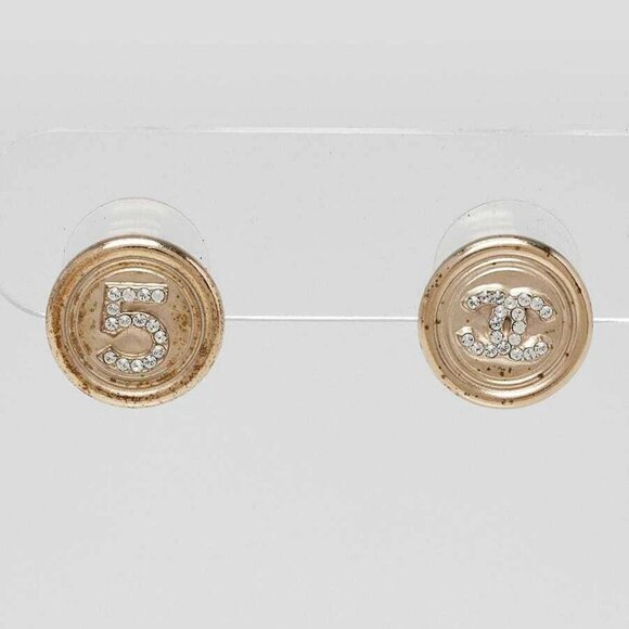 Chanel Goldtone Metal and Crystal CC No. 5 Round Earrings - Picture 2 of 4